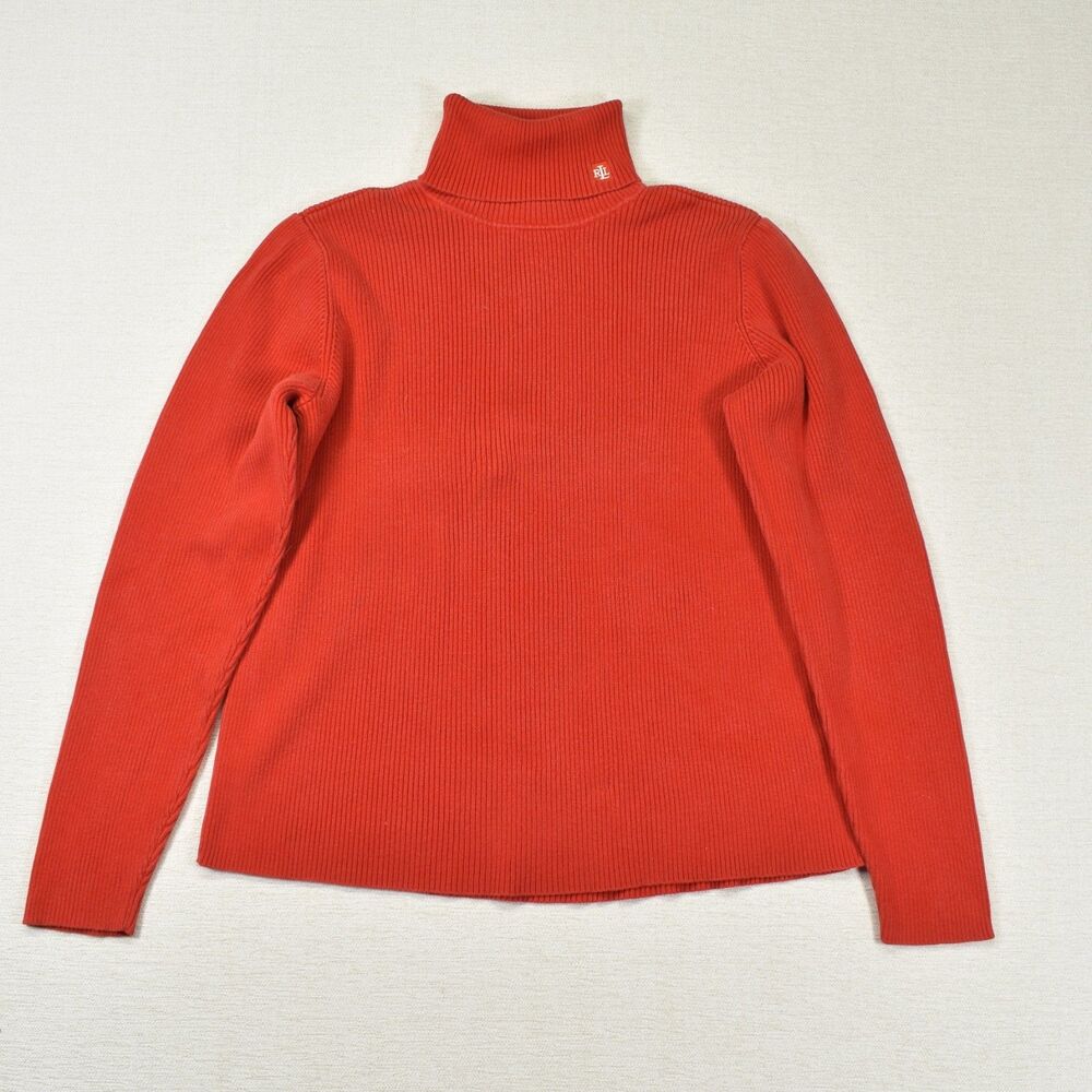 Vintage Lauren Ralph Lauren Red Ribbed Turtleneck Sweater Size L Monogram Knit